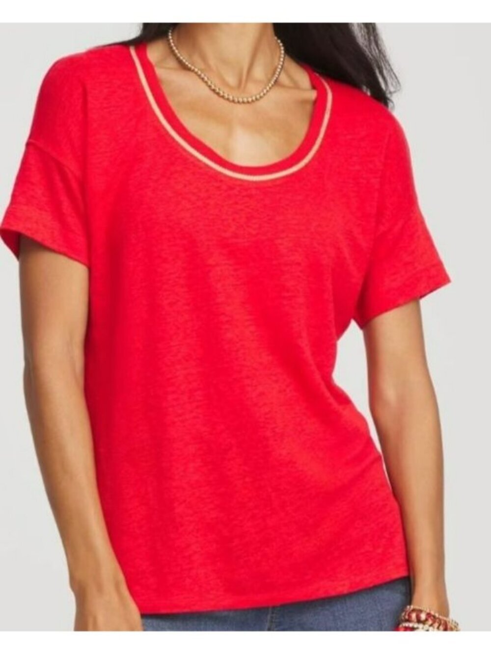 Chicos Red 100% Linen Short Sleeve Top With Gold Accents Size 2 Made In Vietnam